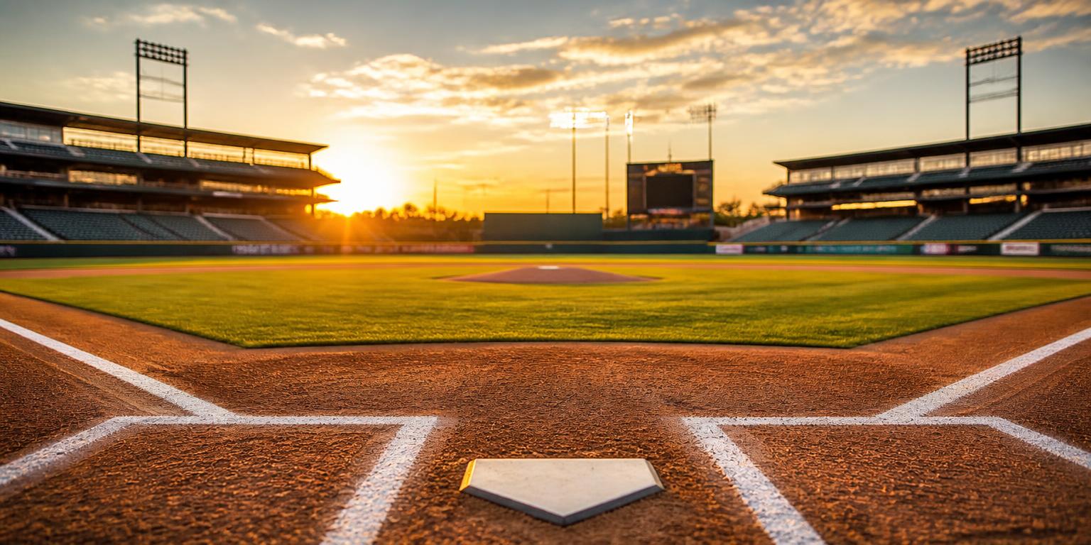 Youth baseball batter driving a pitch at a north Alabama ballpark at dusk